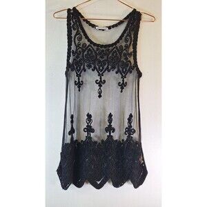PRISTINE Black Embroidered Sheer Overlay Tank Top Women's Small Whimsigoth Fairy